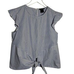 Aqua Navy and White Striped Tie-Front Flutter Sleeve Blouse